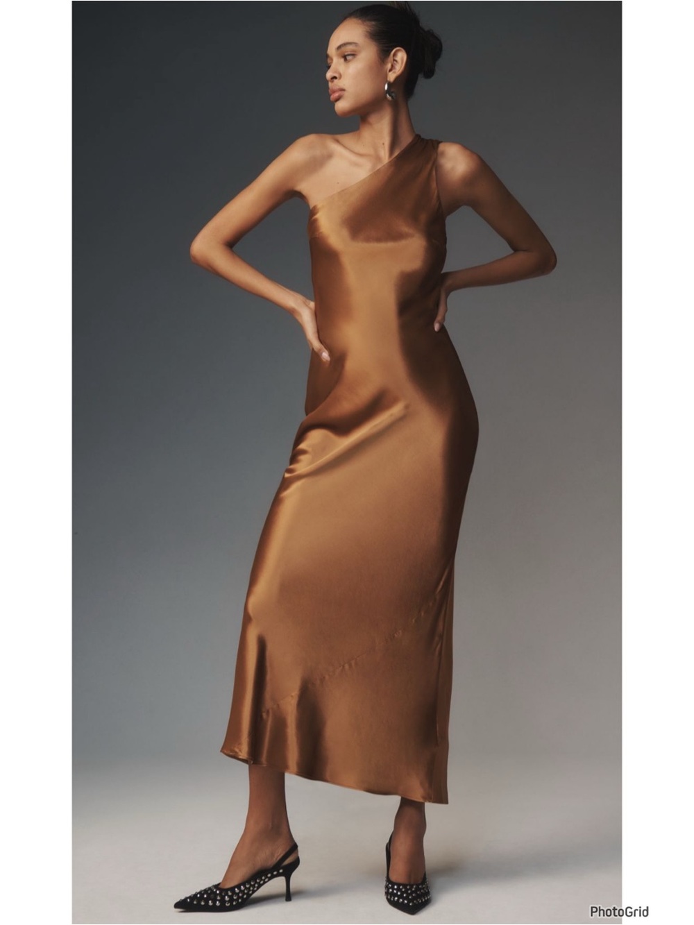 Anthropologie Bronze One Shoulder Maxi Dress Large New With Tags